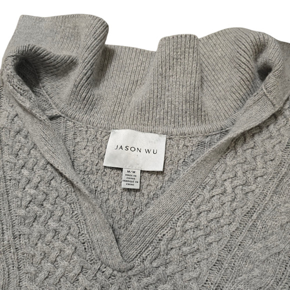 Jason Wu Wool Blend Collared V Neck Crop Sweater Gray Medium Chunky Cable Knit - Picture 4 of 7